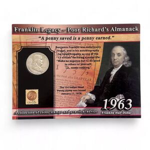 1963 Franklin Half Dollar Collectible Coin with 1978 Indian Head Penny Stamp